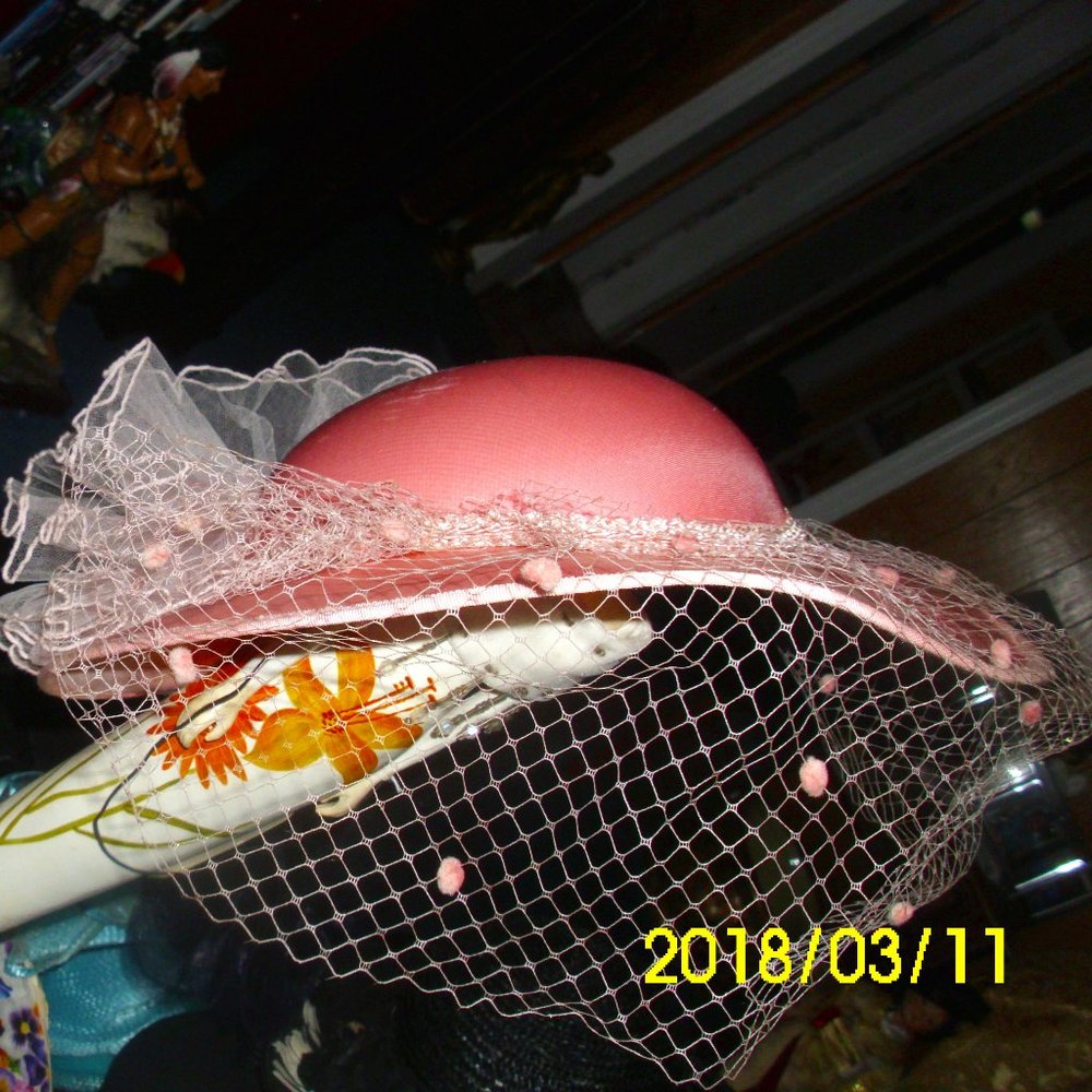 Vintage Pink Satin Corded Rim Net  W/ Dots Ruffled in Back Ribbon  Neck Tie